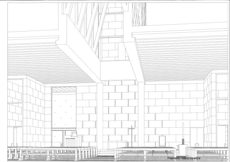 Presbiterio: vista prospettica. (Fondo Gregotti Associati, CASVA)