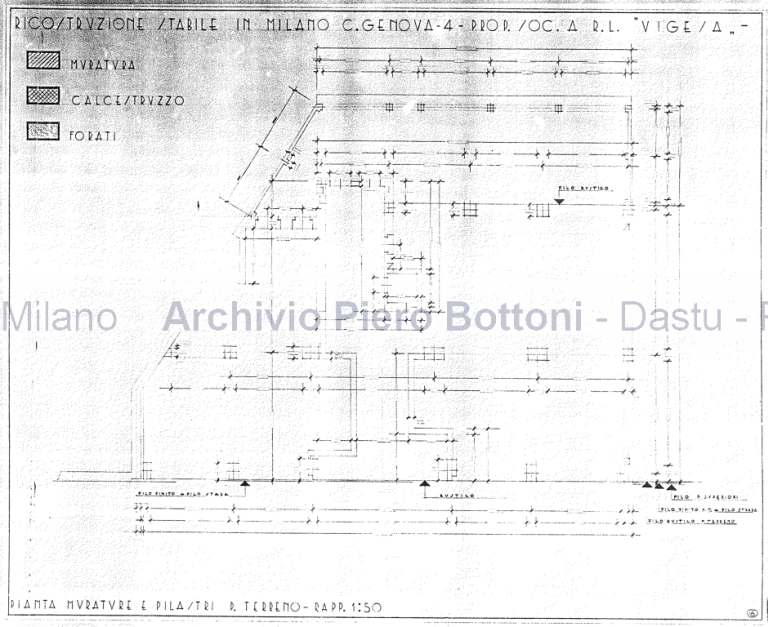 Casa in corso Genova 4 a Milano, 1949-50. Ricostruzione. Pianta murature e pilastri p. terreno. Scala 1:50, s.d. Matita su lucido