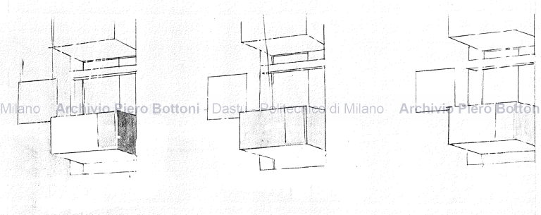 Casa in corso Genova 4 a Milano, 1949-50. Ricostruzione. Studio colori di facciata su: ritaglio di prospettiva. Scala 1:50, s.d. Matita e tempere su lucido