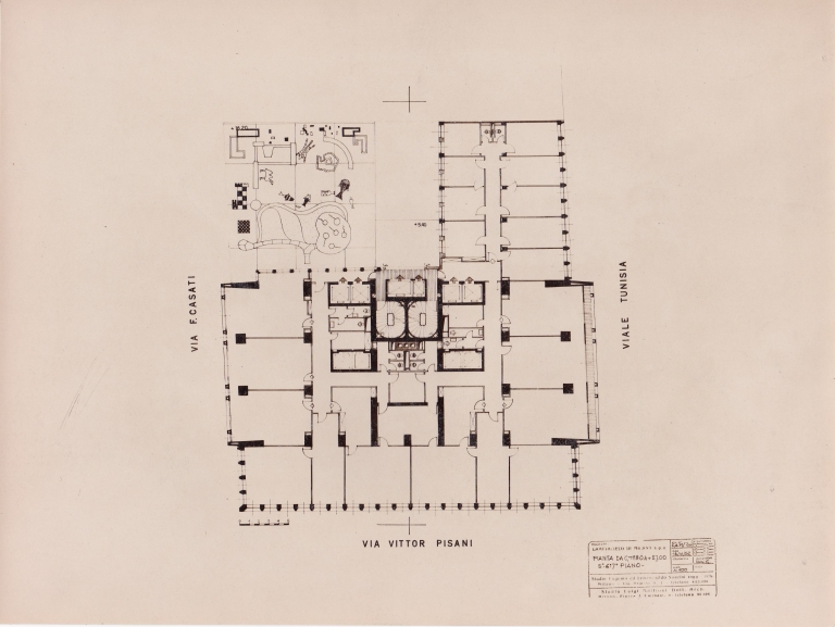 Pianta piano quinto, sesto e settimo. Scala 1:100, 16-10-1958. Stampa fotografica b/n incollata su carta