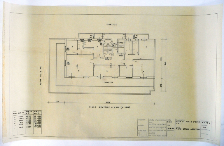 Pianta piano ottavo arretrato, 1955. Scala 1:100. Disegno tecnico a inchiostro di china su lucido