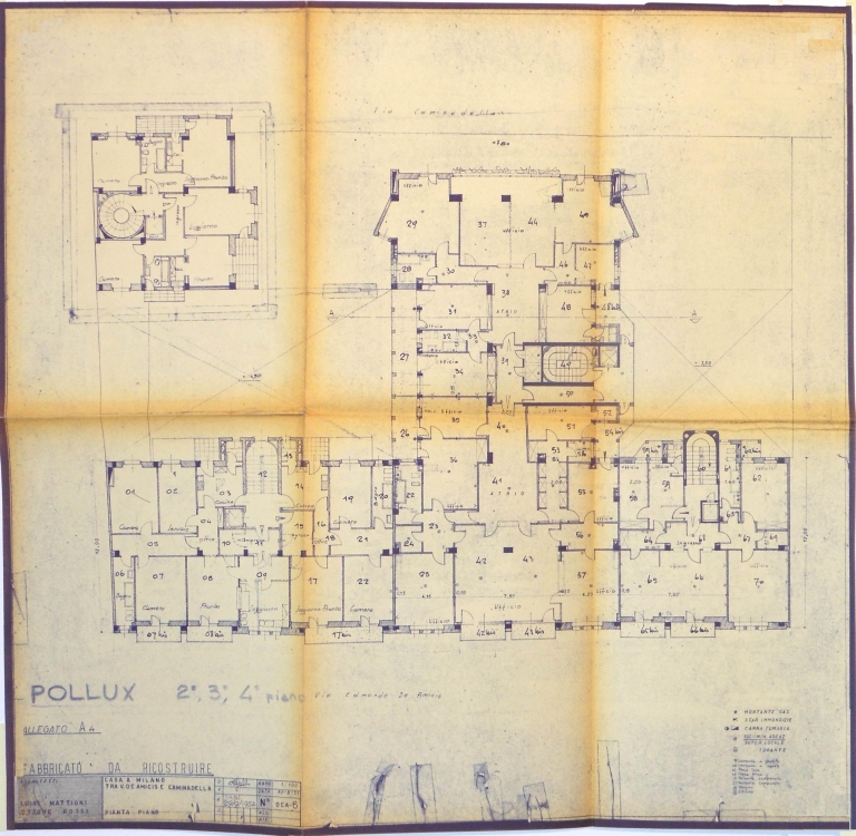 Pianta piano secondo, terzo e quarto. Scala 1:100, 10-8-1951 agg. 29-9-1954. Copia eliografica piegata