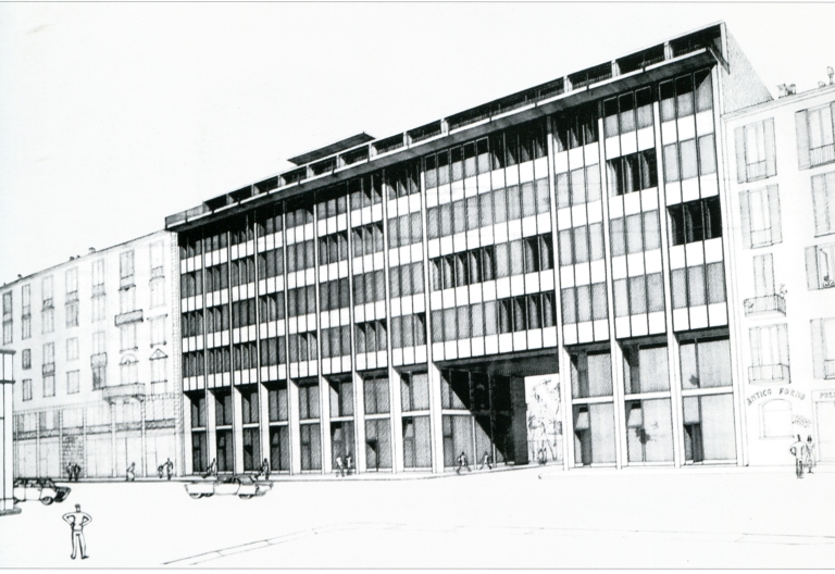 Prospettiva esterna del fabbricato. Inchiostro di china su carta da lucido