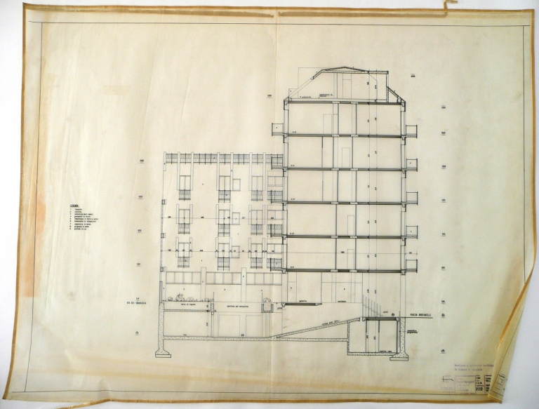 Sezione, 1955-agg. 1966. Scala 1:100. Disegno tecnico a inchiostro di china su lucido