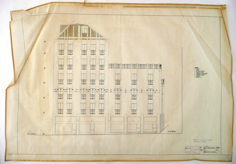 Prospetto su via Amedeo, 1966. Scala 1:50. Disegno tecnico a inchiostro di china su lucido