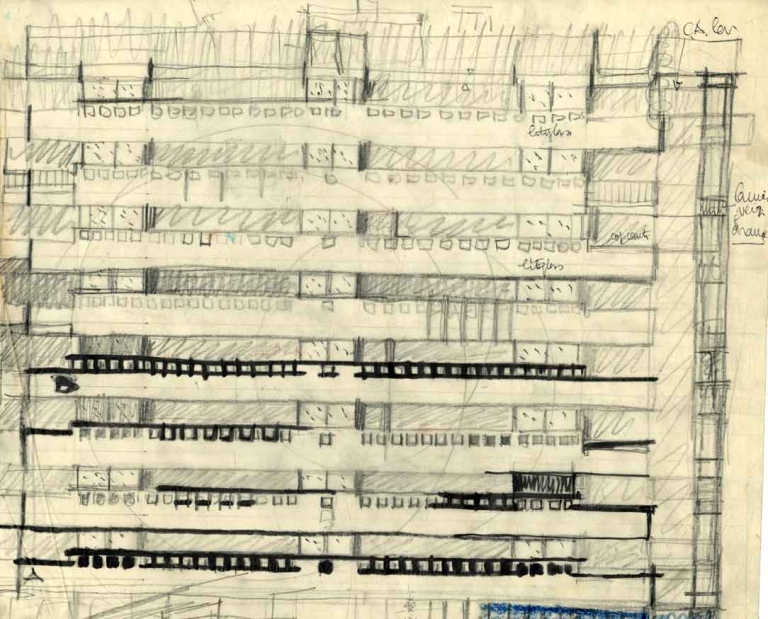 Schizzo di studio per il prospetto del corpo su piazzale Aquileia