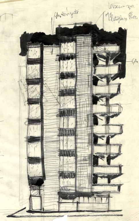 Schizzo di studio per il prospetto della torre