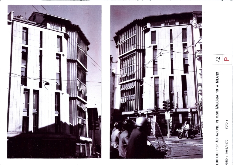 Edificio per abitazioni, uffici e negozi, corso Magenta, via Nirone, Milano. Scansioni di stampa fotografica b/n con didascalia, impaginata
