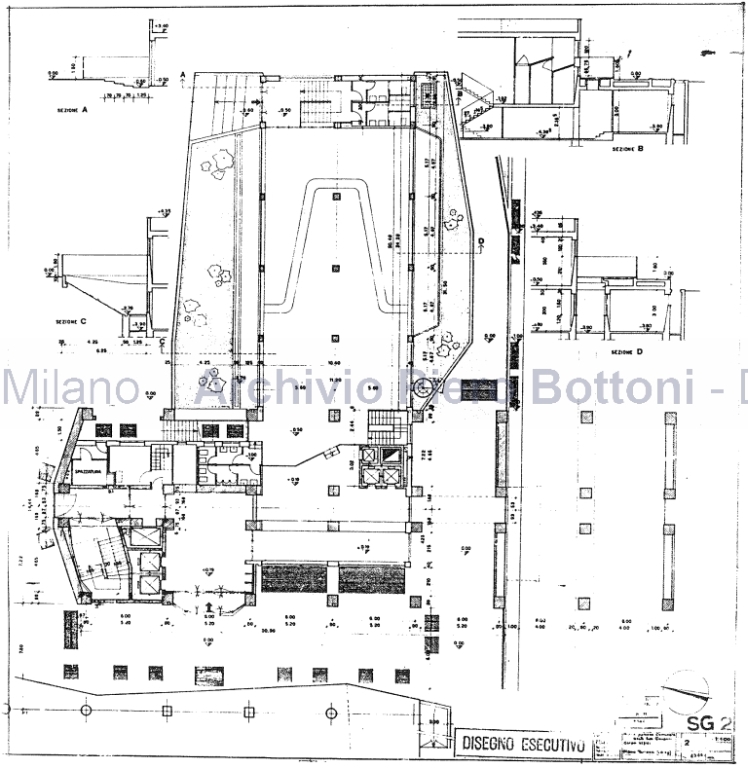 Corpo uffici, dis. 2 SG2, pianta piano terreno (+0,19). Scala 1:100, prot. 4286, s.d. Eliografia su acetato