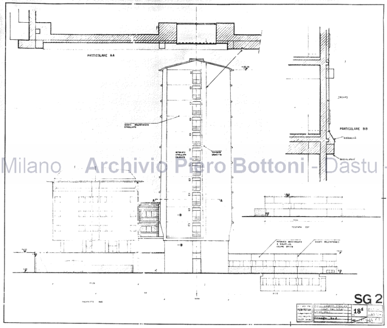 Corpo uffici, dis. 18g SG2, prospetto sud. Scala 1:100, prot. 4286, aggiornato 30 luglio 1970. China e matita su eliografia su lucido