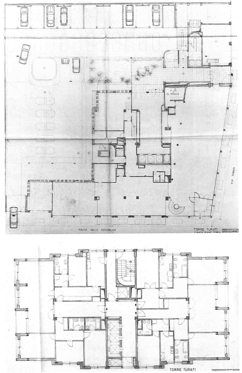 Pianta piano terra e piani tipo della torre. Copia xerografica impaginata su cartoncino