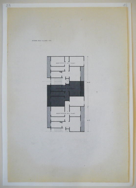 Schema alloggi tipo. Scala 1:1000, s.d. Copia eliografica incollata su cartoncino A4