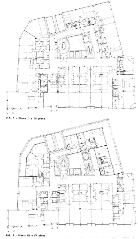 Piante secondo, terzo, quarto piano, soluzioni non definitive. Copia xerografica impaginata su cartoncino