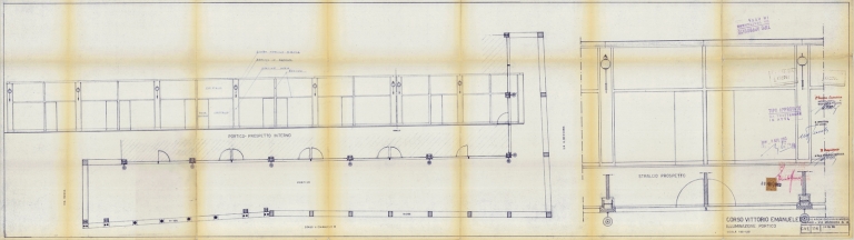 Pianta e prospetto, dettaglio del portico, illuminazione. Scala 1:50, 1:20