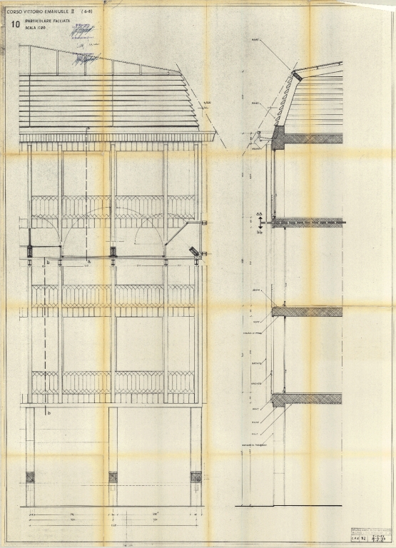 Prospetto e sezione, particolare della facciata. Scala 1:20, 1959