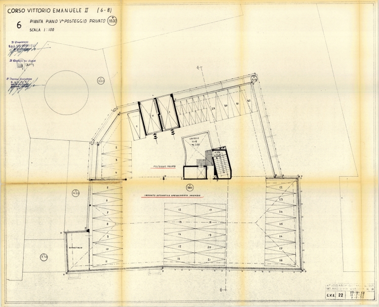 Pianta piano quinto, posteggio privato. Scala 1:100, 1959