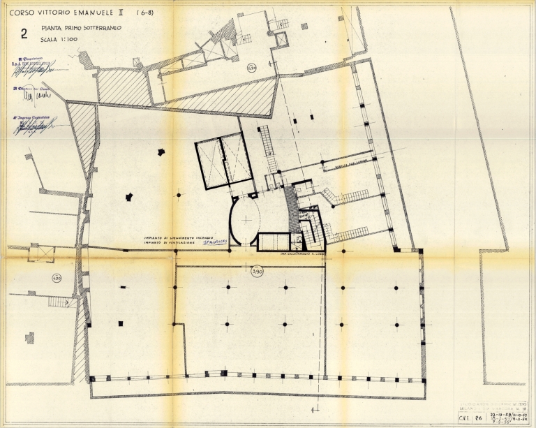 Pianta piano primo sotterraneo. Scala 1:100, 1959