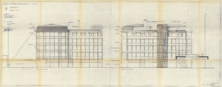 Prospetto su via Cesare Beccaria e prospetto sud su via della Passarella. Scala 1:100, 1959