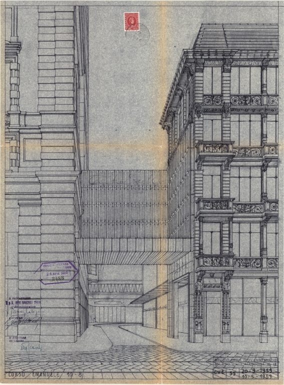 Prospettiva, dettaglio su corso Vittorio Emanuele angolo via della Passarella, con in evidenza gli elementi di copertura dei percorsi non realizzati, 1959