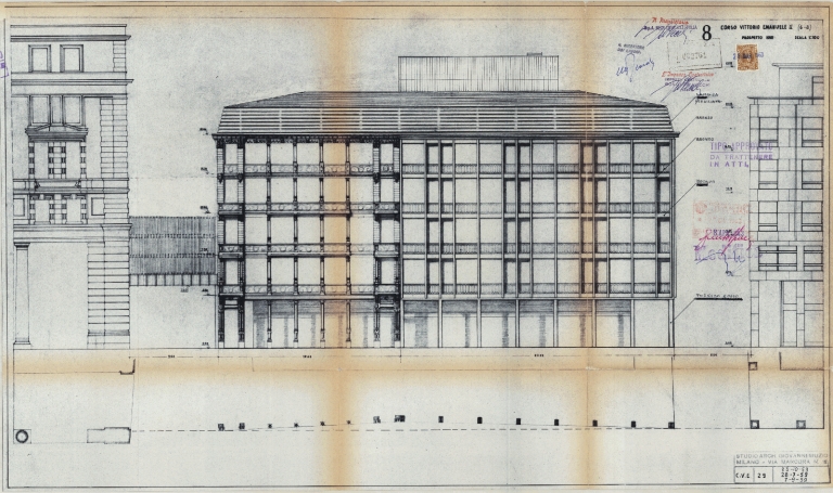 Prospetto su corso Vittorio Emanuele II, con soluzione non realizzata di collegamento con l'edificio limitrofo. Scala 1:100, 1959