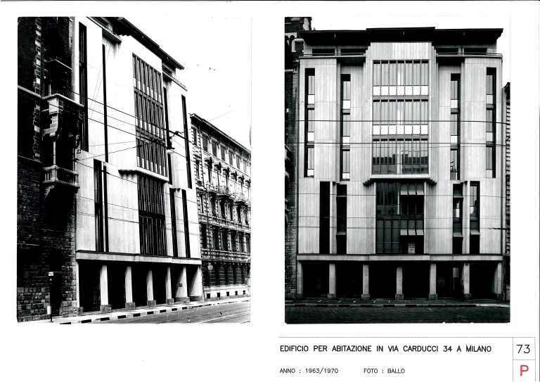 Palazzo per uffici FIAT, via Carducci, Milano. Scansioni di stampa fotografica b/n con didascalia, impaginata