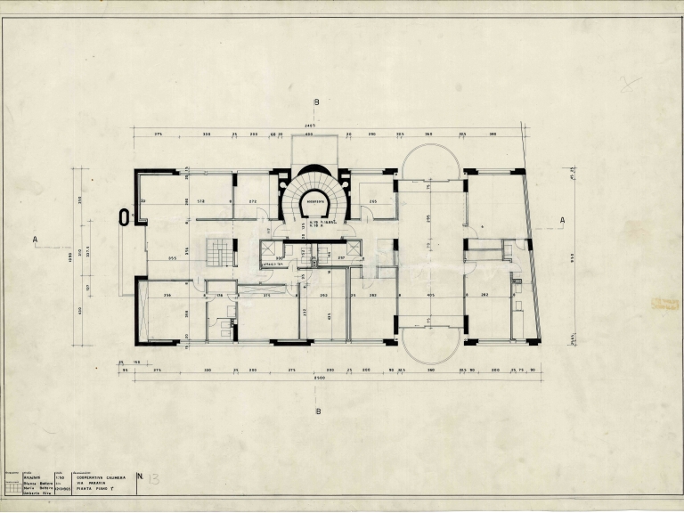 Pianta primo piano. Tav. 13. Scala 1:50, 12-13-1965. Inchiostro di china su carta da lucido