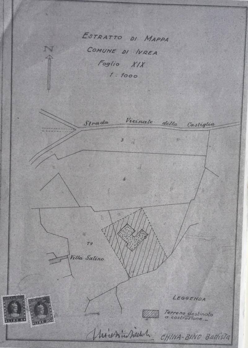 Estratto della mappa del Comune di Ivrea con l’identificazione del lotto destinato alla costruzione della casa di Battista China-Bino