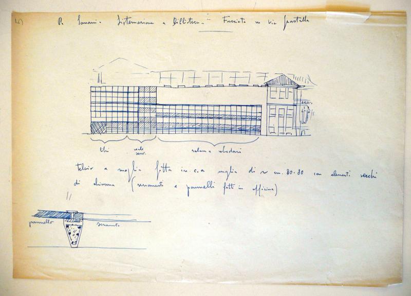 Schizzo della facciata ricostruita su via Guastalla. Schizzo a penna biro su carta