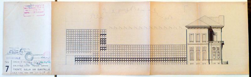 Fronte su via Guastalla, scala 1:100, febbraio 1949, tav. 7. Copia eliografica piegata
