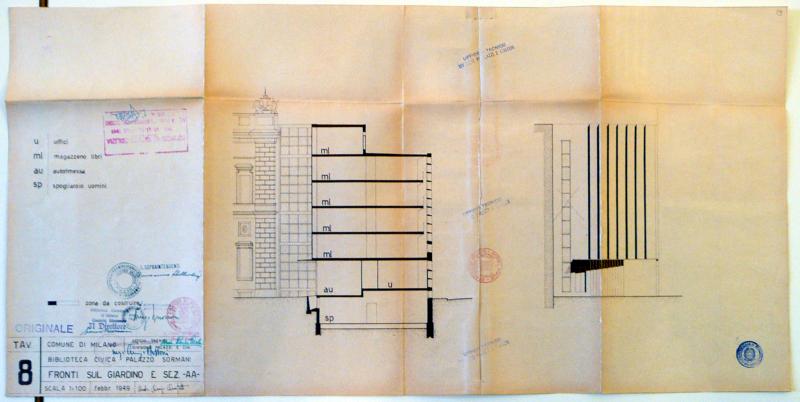 Fronti sul giardino e sezione A-A, scala 1:100, febbraio 1949, tav. 8. Copia eliografica piegata