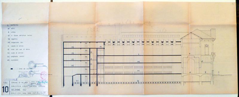 Sezione C-C, scala 1:100, febbraio 1949, tav. 10. Copia eliografica piegata