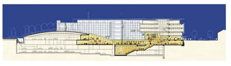 Sezione generale A-A con evidenziato lo spazio pubblico. Disegno tecnico