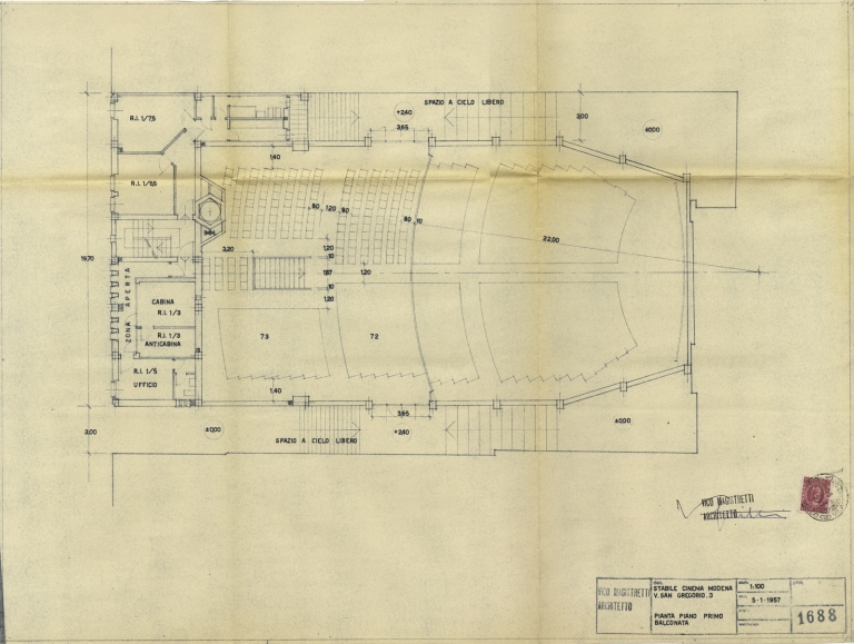 Pianta piano primo (balconata) del cinema-teatro. Scala 1:100, 5 gennaio 1957