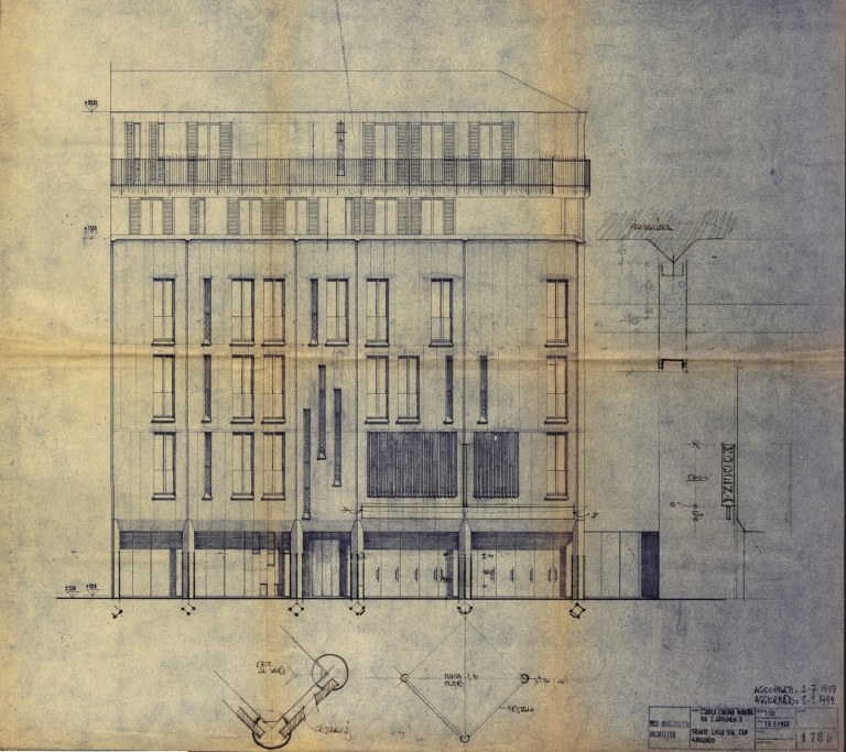 Prospetto su via San Gregorio. Scala 1:50, 15 gennaio 1958, soluzione non realizzata