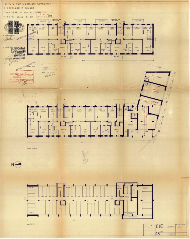 Edificio n. 3, pianta piano tipo, piano terra, piano interrato. Scala 1:100, 30 marzo 1948