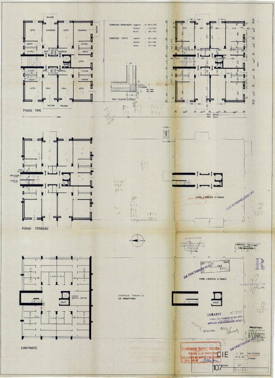Edificio n. 8, pianta piano tipo, piano terra, e piano interrato. Scala 1:100, 10 giugno 1949