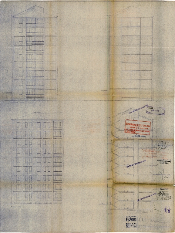 Edificio n. 8, prospetti e sezione Scala 1:100, 10 giugno 1949