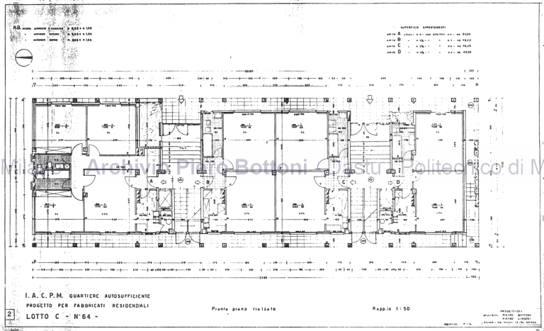 Due case Ina-casa in via Teano al quartiere Comasina, Milano, 1956-57, con Pietro Lingeri. Dis. 2, pianta piano rialzato. Scala 1:50, aggiornato 15 febbraio 1956