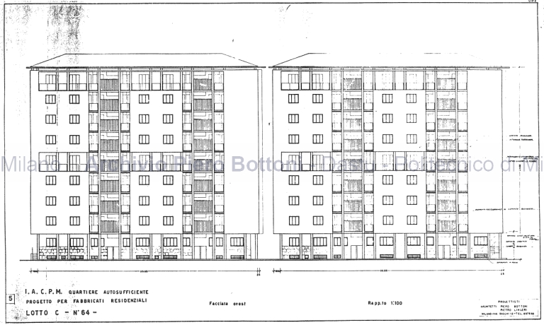 Due case Ina-casa in via Teano al quartiere Comasina, Milano, 1956-57, con Pietro Lingeri. Dis. 5, facciata ovest. Scala 1:50, s.d. China e matita su lucido