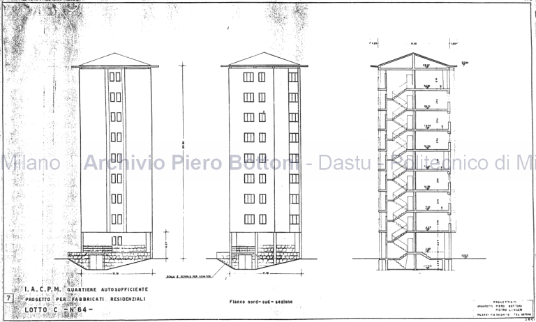 Due case Ina-casa in via Teano al quartiere Comasina, Milano, 1956-57, con Pietro Lingeri. Dis. 7, fianco nord, sud, sezione. Scala 1:50, s.d. China e matita su lucido