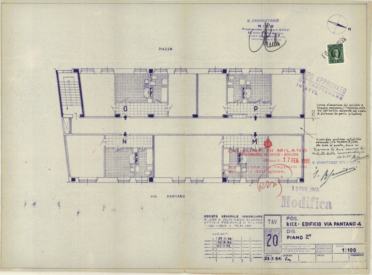 Edificio via Pantano 4, pianta piano secondo. Scala 1:100, 23 luglio 1954