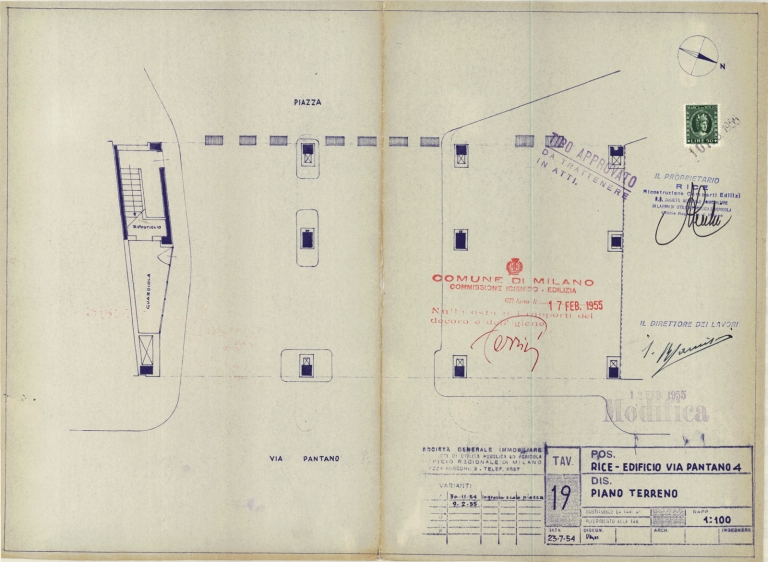 Edificio via Pantano 2, pianta piano terra. Scala 1:100, 23 luglio 1954