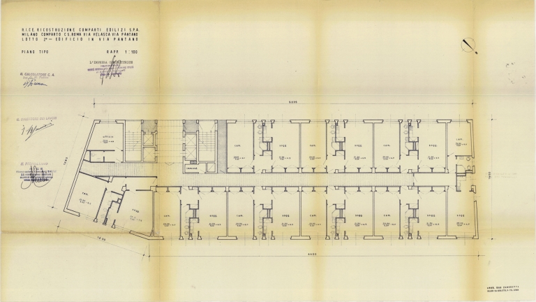 Edificio via Pantano 2, pianta piano tipo, progetto non realizzato. Scala 1:100
