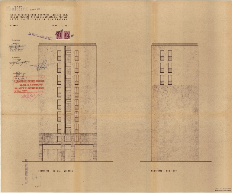 Edificio via Pantano 2, prospetto laterale. Scala 1:100, 26 novembre 1952