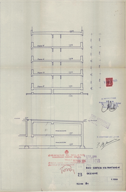 Edificio via Pantano 4, sezione. Scala 1:100, 9 febbraio 1955