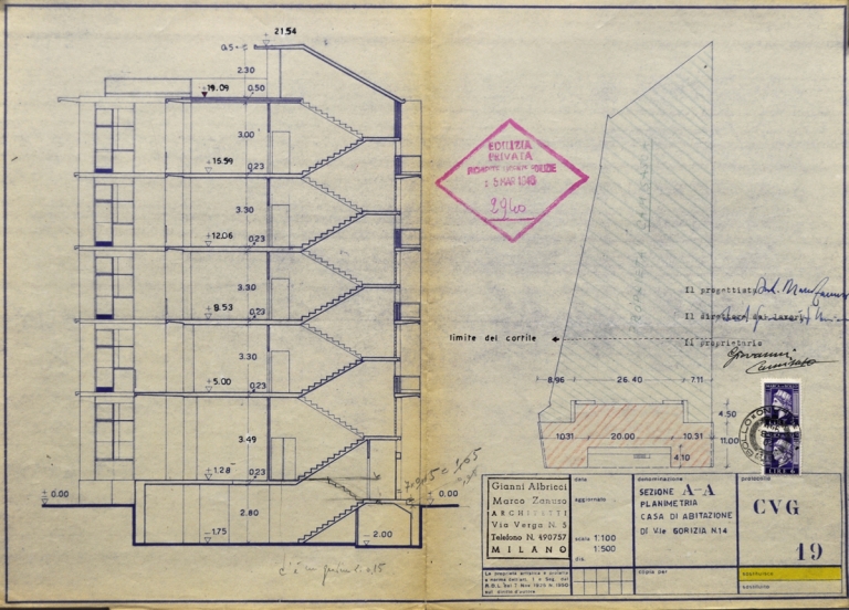 Sezione trasversale e planimetria generale. Scala 1:100 e scala 1:500