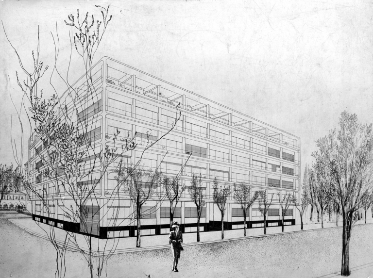 Prospettiva dell'edificio con fotomontaggio