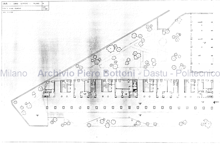 Palazzo Ina in corso Sempione 33 a Milano, 1953-58. Pianta piano terreno. Scala 1:100, 3 aprile 1958. Eliografia su lucido