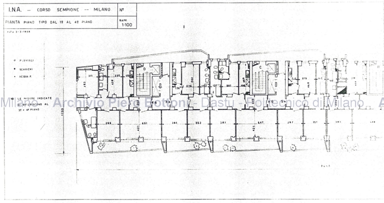 Palazzo Ina in corso Sempione 33 a Milano, 1953-58. Pianta piano tipo dal primo al quarto piano. Scala 1:100, 3 aprile 1958. Eliografia su lucido