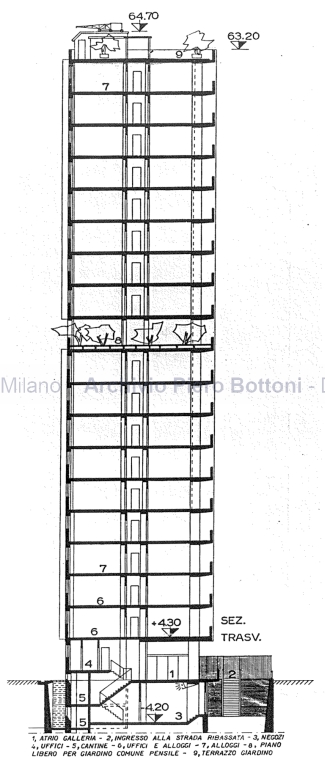 Palazzo Ina in corso Sempione 33 a Milano, 1953-58. Sezione trasversale. Scala 1:100, s.d. China su lucido